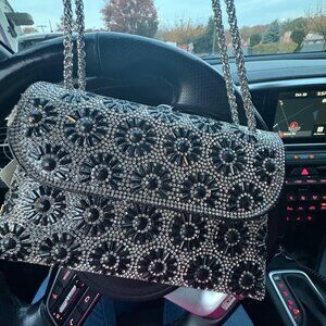 Neiman Marcus Rhinestone Plum Blossom Black Evening Shoulder Bag